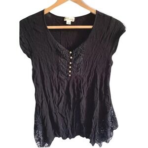 World Unity Crochet Lace Trim Top Womens Medium Black Boho Crinkle Whimsigoth